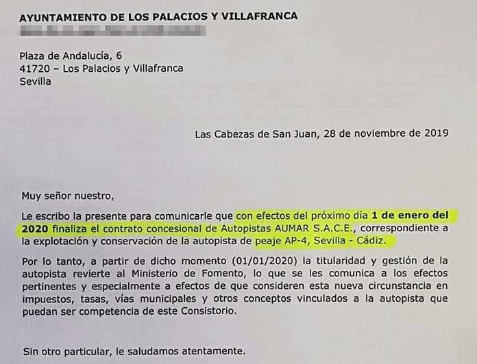 carta fin del peaje